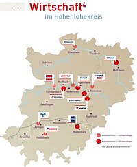 Karte mit markierten Standorten von Wirtschaftsstandorten in der Region Heilbronn-Franken