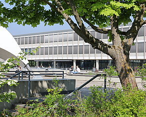 Blick auf das Gebäude 1 und den sommerlichen Campus. Im Vordergrund ist ein Teil einer grünen Baumes zu sehen. 